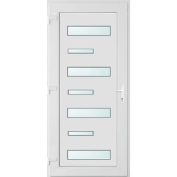 Műanyag bejárati ajtó 100x210 balos Alberta 7 üveges 3 rétegű üveggel extra vastag hőszigetelt panellal 5 kamrás fehér
