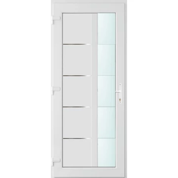 Műanyag bejárati ajtó 100x210 balos Indiana 1 üveges 2 rétegű üveggel és hőszigetelt panellel 5 kamrás fehér