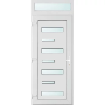 Műanyag bejárati ajtó 100x240 balos Alberta 7 üveges 3 rétegű üveggel extra vastag hőszigetelt panellal felülvilágítóval 5 kamrás fehér