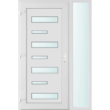Műanyag bejárati ajtó 130x210 balos Alberta 7 üveges 3 rétegű üveggel extra vastag hőszigetelt panellal oldalvilágítóval 5 kamrás fehér