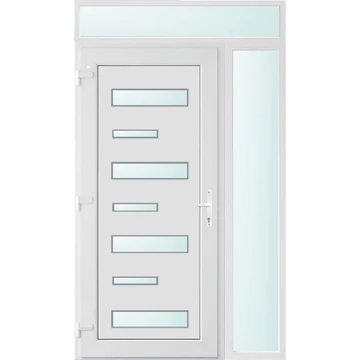 Műanyag bejárati ajtó 130x240 balos Georgia 7 üveges 3 rétegű üveggel extra vastag hőszigetelt panellal felül+oldalvilágítóval 5 kamrás fehér