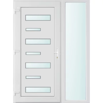Műanyag bejárati ajtó 140x210 balos Alberta 7 üveges 3 rétegű üveggel extra vastag hőszigetelt panellal oldalvilágítóval 5 kamrás fehér