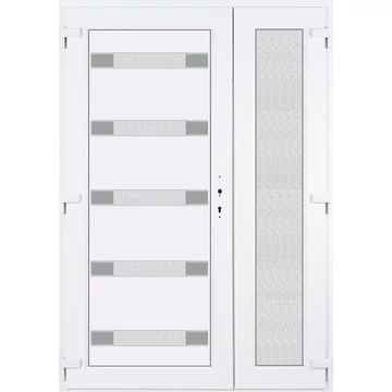 Műanyag bejárati ajtó 140x210 balos aszimmetrikusan nyíló Sarasota 5 üveges Aluminium rátétes 5 kamrás fehér