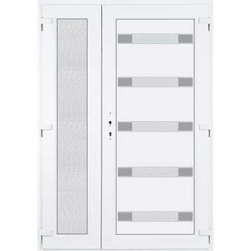Műanyag bejárati ajtó 140x210 jobbos aszimmetrikusan nyíló Sarasota 5 üveges Aluminium rátétes 5 kamrás fehér