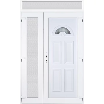 Műanyag bejárati ajtó 140x240 jobbos aszimmetrikusan nyíló Miami 1 üveges felülvilágítóval 5 kamrás fehér