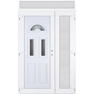 Műanyag bejárati ajtó 140x240 balos aszimmetrikusan nyíló Miami 3 üveges felülvilágítóval 5 kamrás fehér