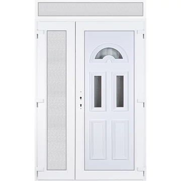 Műanyag bejárati ajtó 140x240 jobbos aszimmetrikusan nyíló Miami 3 üveges felülvilágítóval 5 kamrás fehér