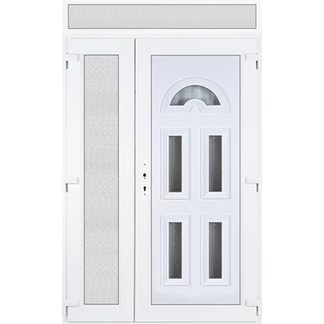 Műanyag bejárati ajtó 140x240 jobbos aszimmetrikusan nyíló Miami 5 üveges felülvilágítóval 5 kamrás fehér