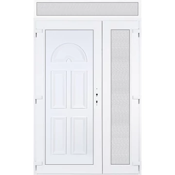 Műanyag bejárati ajtó 140x240 balos aszimmetrikusan nyíló Miami tömör felülvilágítóval 5 kamrás fehér