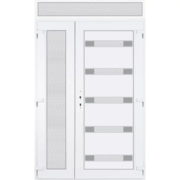 Műanyag bejárati ajtó 140x240 jobbos aszimmetrikusan nyíló Sarasota 5 üveges Aluminium rátétes felülvilágítóval 5 kamrás fehér