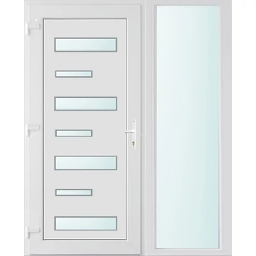 Műanyag bejárati ajtó 150x210 balos Alberta 7 üveges 3 rétegű üveggel extra vastag hőszigetelt panellal oldalvilágítóval 5 kamrás fehér