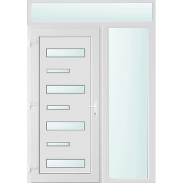 Műanyag bejárati ajtó 150x240 balos Georgia 7 üveges 3 rétegű üveggel extra vastag hőszigetelt panellal felül+oldalvilágítóval 5 kamrás fehér