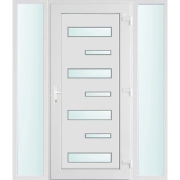 Műanyag bejárati ajtó 160x210 jobbos Alberta 7 üveges 3 rétegű üveggel extra vastag hőszigetelt panellal oldalvilágítóval 5 kamrás fehér