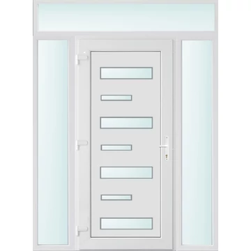 Műanyag bejárati ajtó 160x240 balos Alberta 7 üveges 3 rétegű üveggel extra vastag hőszigetelt panellal felül+oldalvilágítóval 5 kamrás fehér