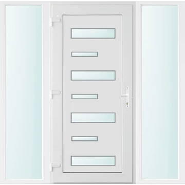 Műanyag bejárati ajtó 180x210 balos Alberta 7 üveges 3 rétegű üveggel extra vastag hőszigetelt panellal oldalvilágítóval 5 kamrás fehér