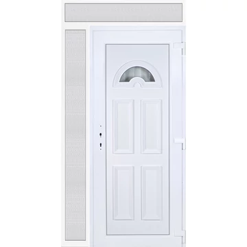 Műanyag bejárati ajtó 130x240 jobbos Miami 1 üveges 3 rétegű üveggel extra vastag hőszigetelt panellal felül+oldalvilágítóval 5 kamrás fehér