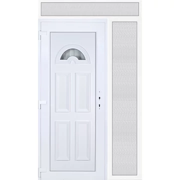 Műanyag bejárati ajtó 140x240 balos Miami 1 üveges 3 rétegű üveggel extra vastag hőszigetelt panellal felül+oldalvilágítóval 5 kamrás fehér