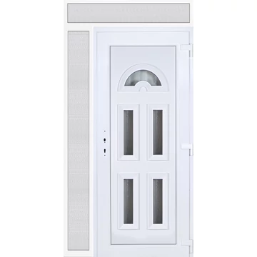 Műanyag bejárati ajtó 130x240 jobbos Miami 5 üveges 3 rétegű üveggel extra vastag hőszigetelt panellal felül+oldalvilágítóval 5 kamrás fehér
