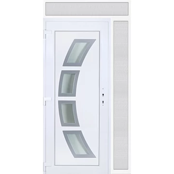 Műanyag bejárati ajtó 130x240 balos Orlando 4 üveges 3 rétegű üveggel extra vastag hőszigetelt panellal felül+oldalvilágítóval 5 kamrás fehér