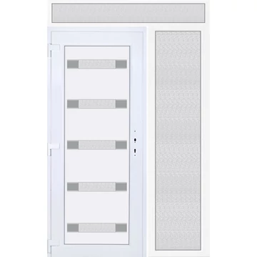 Műanyag bejárati ajtó 150x240 balos Sarasota 5 üveges Aluminium rátétes felül+oldalvilágítóval 5 kamrás fehér