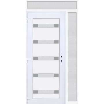 Műanyag bejárati ajtó 130x240 balos Sarasota 5 üveges 3 rétegű üveggel extra vastag hőszigetelt panellal felül+oldalvilágítóval 5 kamrás fehér