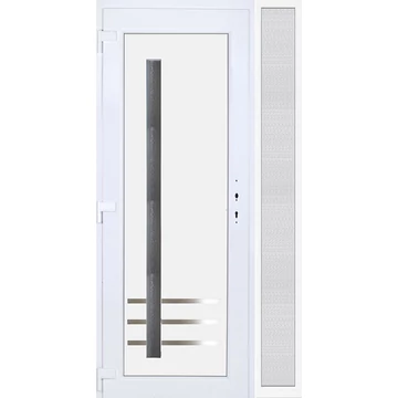 Műanyag bejárati ajtó 120x210 balos Daytona 1 üveges 3 rétegű üveggel extra vastag hőszigetelt panellal oldalvilágítóval 5 kamrás fehér