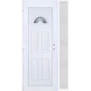 Műanyag bejárati ajtó 120x210 balos Miami 1 üveges 3 rétegű üveggel extra vastag hőszigetelt panellal oldalvilágítóval 5 kamrás fehér