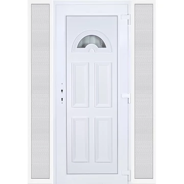 Műanyag bejárati ajtó 160x210 jobbos Miami 1 üveges 3 rétegű üveggel extra vastag hőszigetelt panellal oldalvilágítóval 5 kamrás fehér