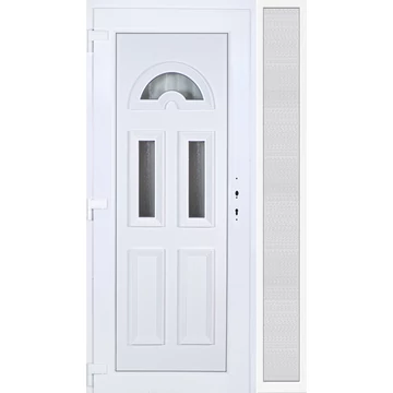 Műanyag bejárati ajtó 120x210 balos Miami 3 üveges 3 rétegű üveggel extra vastag hőszigetelt panellal oldalvilágítóval 5 kamrás fehér