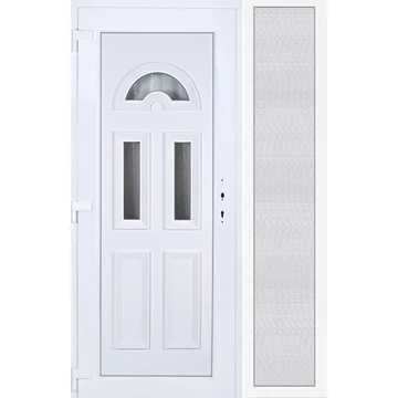 Műanyag bejárati ajtó 140x210 balos Miami 3 üveges 3 rétegű üveggel extra vastag hőszigetelt panellal oldalvilágítóval 5 kamrás fehér