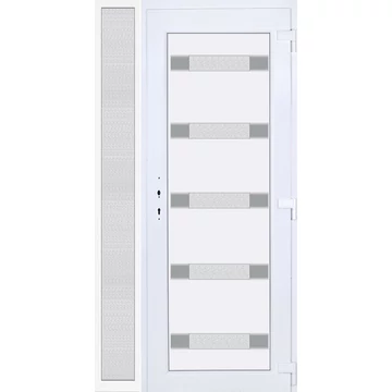 Műanyag bejárati ajtó 120x210 jobbos Sarasota 5 üveges Aluminium rátétes oldalvilágítóval 5 kamrás fehér