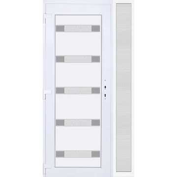 Műanyag bejárati ajtó 120x210 balos Sarasota 5 üveges 3 rétegű üveggel extra vastag hőszigetelt panellal oldalvilágítóval 5 kamrás fehér