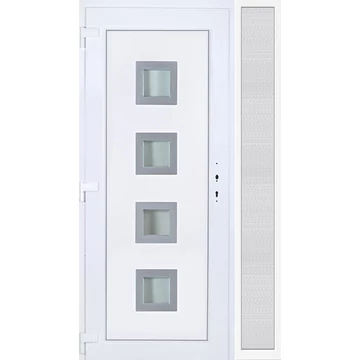 Műanyag bejárati ajtó 130x210 balos Tampa 4 üveges 3 rétegű üveggel extra vastag hőszigetelt panellal oldalvilágítóval 5 kamrás fehér