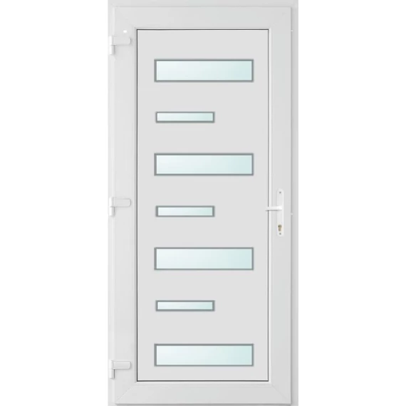 Műanyag bejárati ajtó 100x210 balos Georgia 7 üveges 2 rétegű üveggel és hőszigetelt panellel 5 kamrás fehér