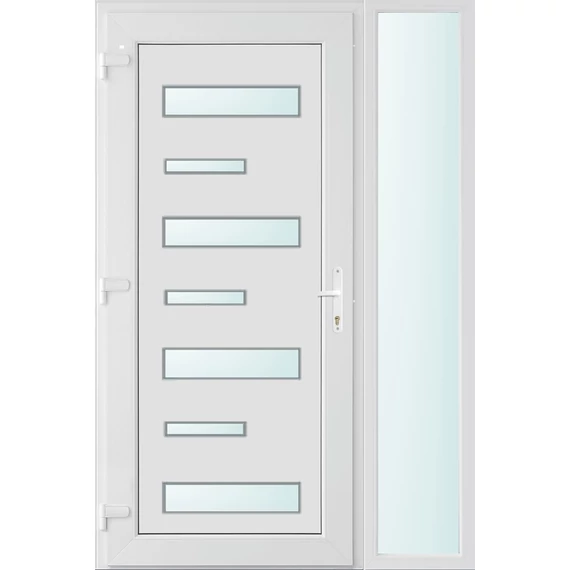 Műanyag bejárati ajtó 130x210 balos Georgia 7 üveges 3 rétegű üveggel extra vastag hőszigetelt panellal oldalvilágítóval 5 kamrás fehér