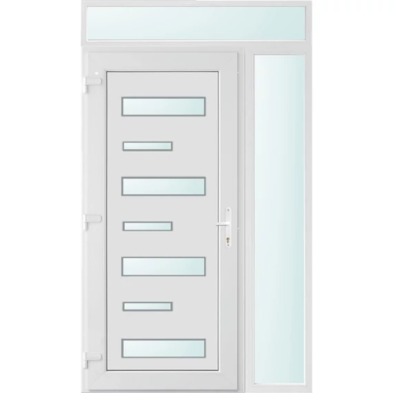 Műanyag bejárati ajtó 130x240 balos Georgia 7 üveges 3 rétegű üveggel extra vastag hőszigetelt panellal felül+oldalvilágítóval 5 kamrás fehér