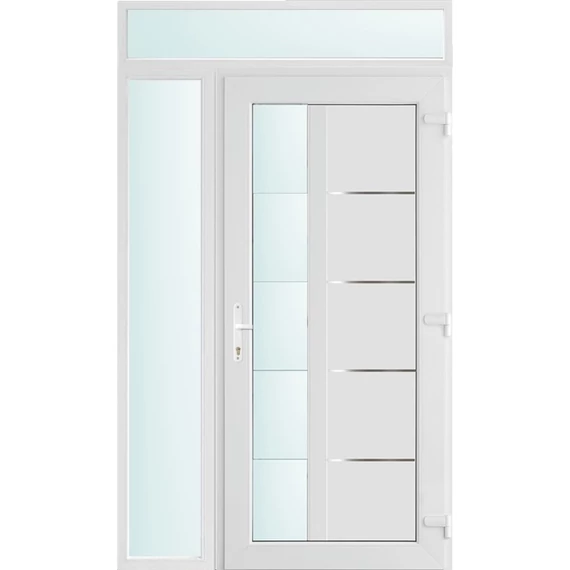 Műanyag bejárati ajtó 130x240 jobbos Indiana 1 üveges 2 rétegű üveggel és hőszigetelt panellel 5 kamrás fehér