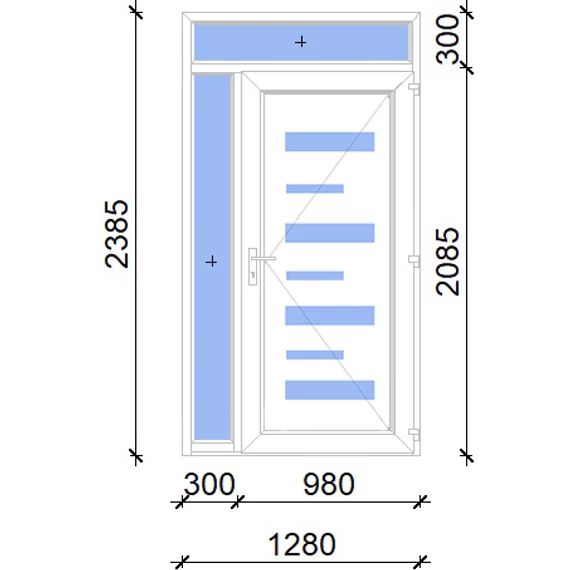 Műanyag bejárati ajtó 130x240 jobbos Alberta 7 üveges 3 rétegű üveggel extra vastag hőszigetelt panellal felül+oldalvilágítóval 5 kamrás fehér
