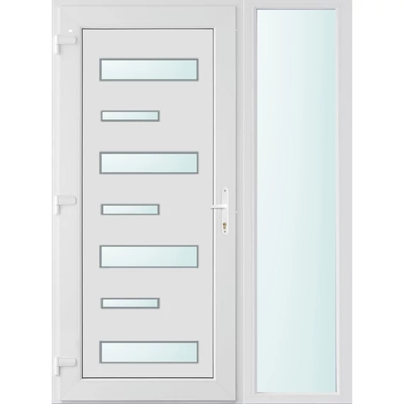 Műanyag bejárati ajtó 140x210 balos Georgia 7 üveges 3 rétegű üveggel extra vastag hőszigetelt panellal oldalvilágítóval 5 kamrás fehér