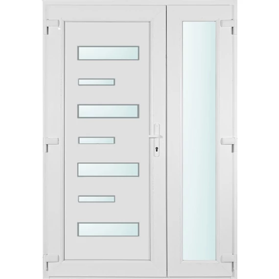 Műanyag bejárati ajtó 140x210 balos Georgia 7 üveges asszimetrikusan nyíló 2 rétegű üveggel és hőszigetelt panellel 5 kamrás fehér