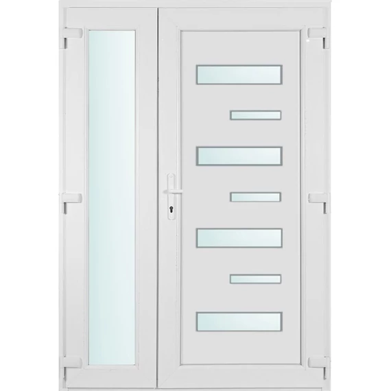 Műanyag bejárati ajtó 140x210 jobbos Georgia 7 üveges asszimetrikusan nyíló 2 rétegű üveggel és hőszigetelt panellel 5 kamrás fehér
