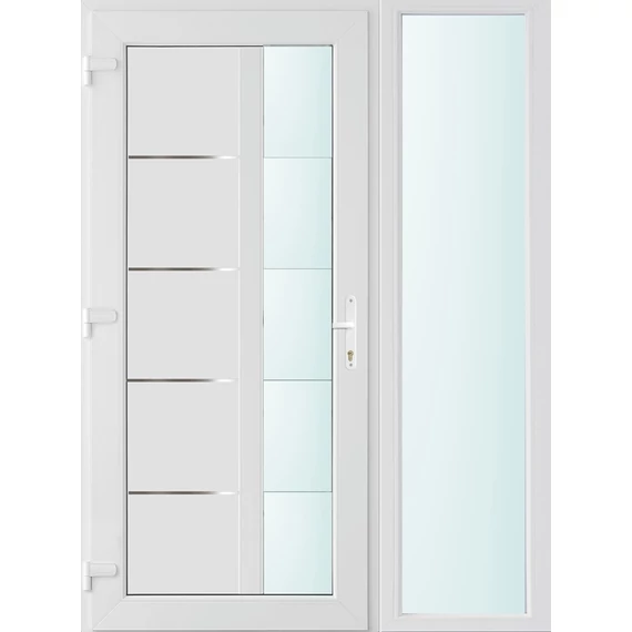 Műanyag bejárati ajtó 140x210 balos Indiana 1 üveges 2 rétegű üveggel és hőszigetelt panellel 5 kamrás fehér