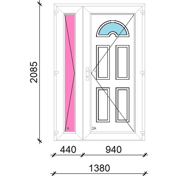 Műanyag bejárati ajtó 140x210 jobbos aszimmetrikusan nyíló Miami 1 üveges 5 kamrás fehér