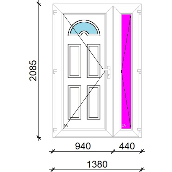 Műanyag bejárati ajtó 140x210 balos aszimmetrikusan nyíló Miami 1 üveges 3 rétegű üveggel extra vastag hőszigetelt panellal 5 kamrás fehér