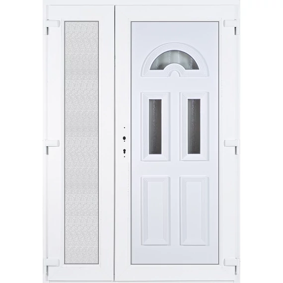 Műanyag bejárati ajtó 140x210 jobbos aszimmetrikusan nyíló Miami 3 üveges 5 kamrás fehér