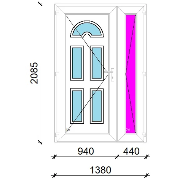 Műanyag bejárati ajtó 140x210 balos aszimmetrikusan nyíló Miami 5 üveges 3 rétegű üveggel extra vastag hőszigetelt panellal 5 kamrás fehér