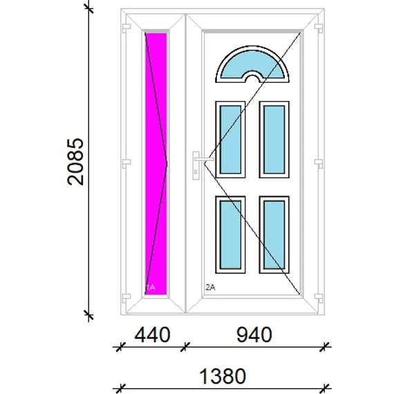 Műanyag bejárati ajtó 140x210 jobbos aszimmetrikusan nyíló Miami 5 üveges 3 rétegű üveggel extra vastag hőszigetelt panellal 5 kamrás fehér
