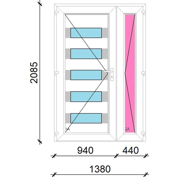 Műanyag bejárati ajtó 140x210 balos aszimmetrikusan nyíló Sarasota 5 üveges Aluminium rátétes 5 kamrás fehér