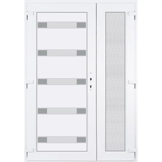 Műanyag bejárati ajtó 140x210 balos aszimmetrikusan nyíló Sarasota 5 üveges Aluminium rátétes 5 kamrás fehér