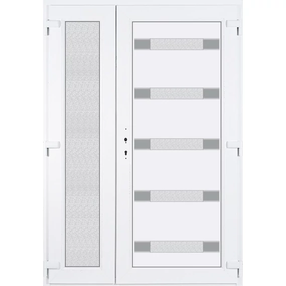 Műanyag bejárati ajtó 140x210 jobbos aszimmetrikusan nyíló Sarasota 5 üveges 3 rétegű üveggel extra vastag hőszigetelt panellal 5 kamrás fehér